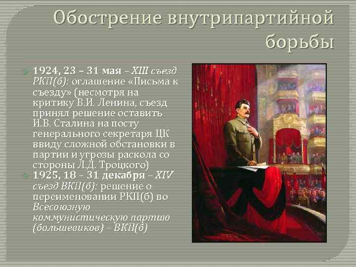 Обострение внутрипартийной борьбы 1924, 23 – 31 мая – XIII съезд РКП(б): оглашение «Письма