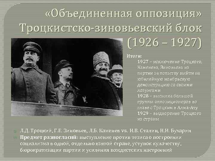  «Объединенная оппозиция» Троцкистско-зиновьевский блок (1926 – 1927) Итоги: 1927 – исключение Троцкого, Каменева,