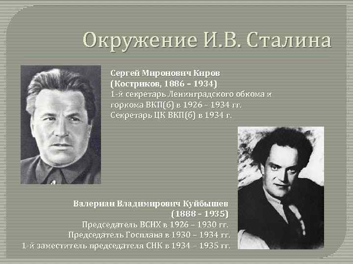 Окружение И. В. Сталина Сергей Миронович Киров (Костриков, 1886 – 1934) 1 -й секретарь