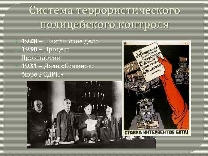 Система террористического полицейского контроля 1928 – Шахтинское дело 1930 – Процесс Промпартии 1931 –