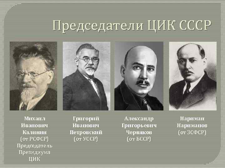 Председатели ЦИК СССР Михаил Иванович Калинин (от РСФСР) Председатель Президиума ЦИК Григорий Иванович Петровский