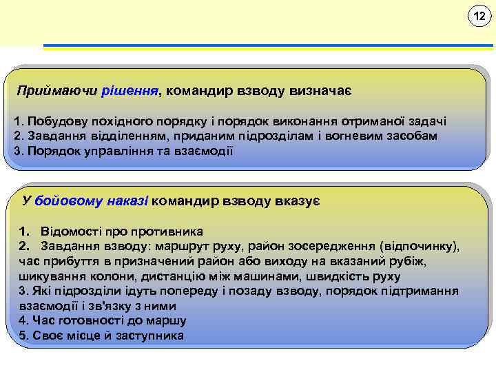 12 Приймаючи рішення, командир взводу визначає 1. Побудову похідного порядку і порядок виконання отриманої