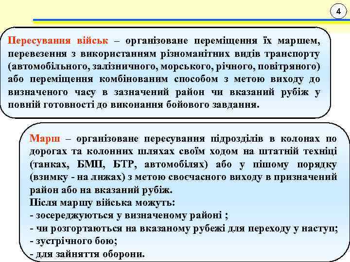 4 Пересування військ – організоване переміщення їх маршем, перевезення з використанням різноманітних видів транспорту