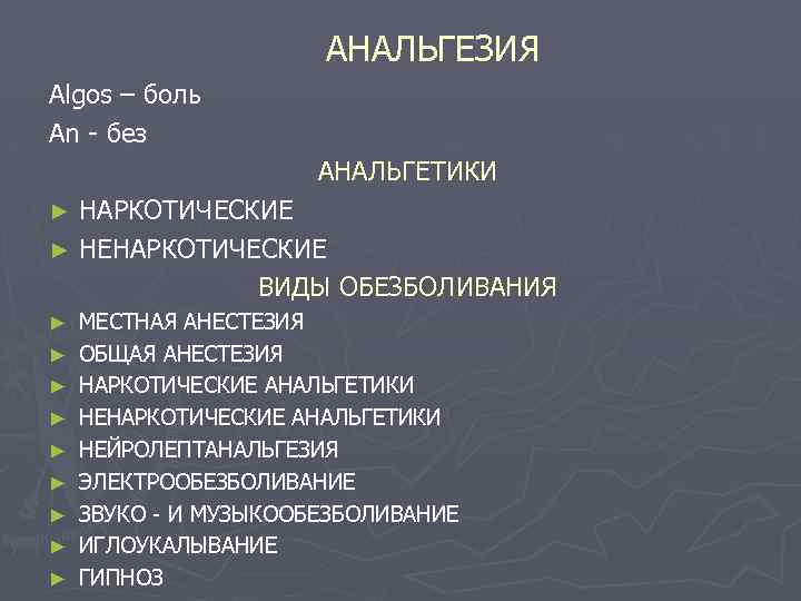 АНАЛЬГЕЗИЯ Algos – боль An - без АНАЛЬГЕТИКИ НАРКОТИЧЕСКИЕ ► НЕНАРКОТИЧЕСКИЕ ВИДЫ ОБЕЗБОЛИВАНИЯ ►