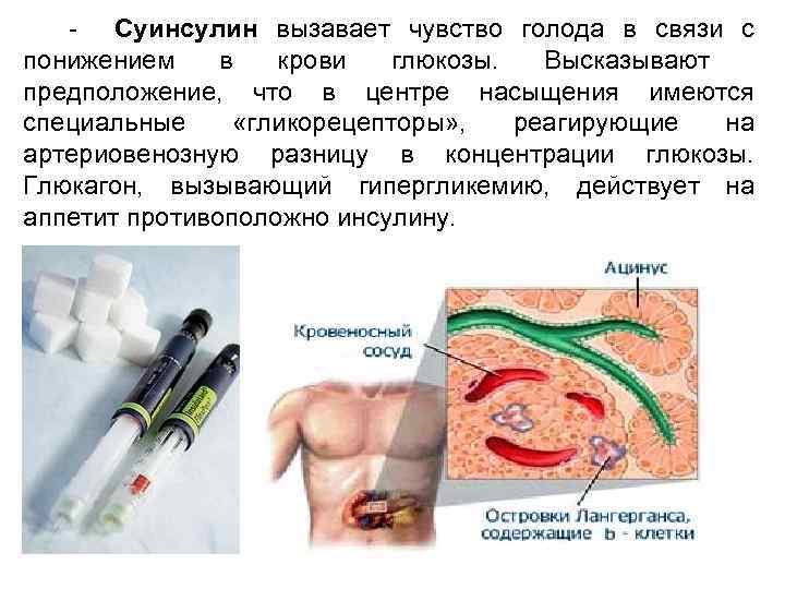 - Суинсулин вызавает чувство голода в связи с понижением в крови глюкозы. Высказывают предположение,