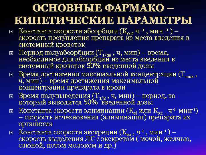 ОСНОВНЫЕ ФАРМАКО – КИНЕТИЧЕСКИЕ ПАРАМЕТРЫ Константа скорости абсорбции (К 01, ч -1 , мин
