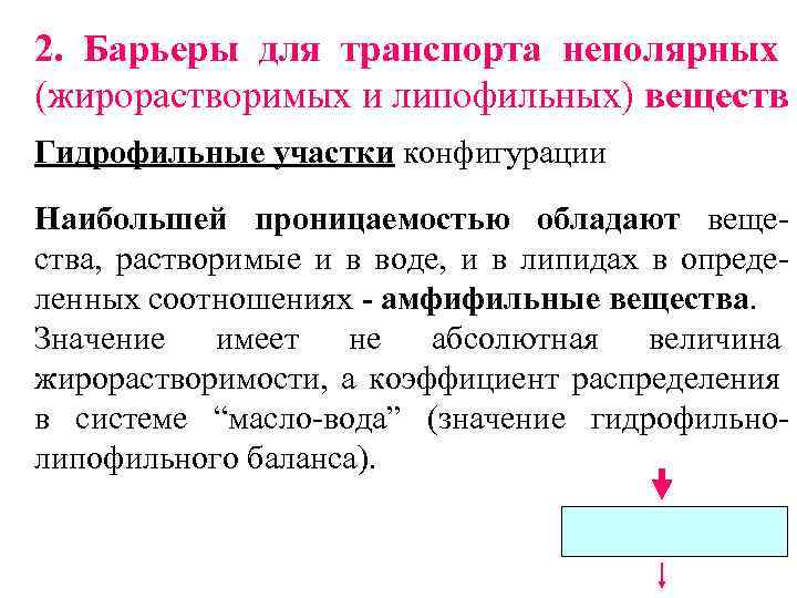 2. Барьеры для транспорта неполярных (жирорастворимых и липофильных) веществ Гидрофильные участки конфигурации Наибольшей проницаемостью