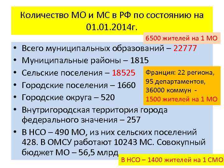 Количество МО и МС в РФ по состоянию на 01. 2014 г. 6500 жителей