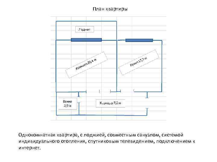 План квартиры Однокомнатная квартира, с лоджией, совместным санузлом, системой индивидуального отопления, спутниковым телевидением, подключением