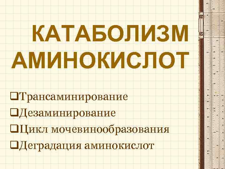 КАТАБОЛИЗМ АМИНОКИСЛОТ q. Трансаминирование q. Дезаминирование q. Цикл мочевинообразования q. Деградация аминокислот 