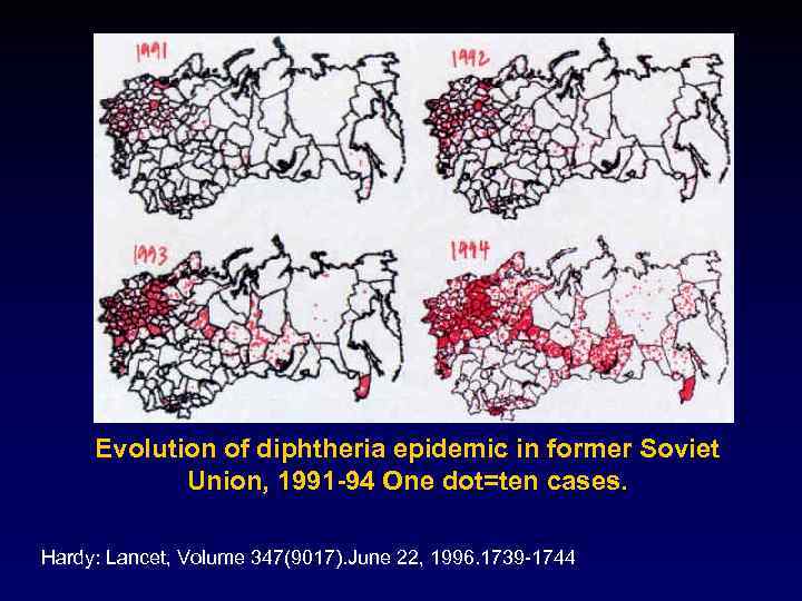 Evolution of diphtheria epidemic in former Soviet Union, 1991 -94 One dot=ten cases. Hardy: