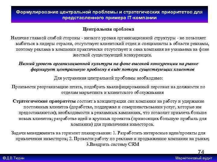 Формулирование центральной проблемы и стратегических приоритетов для представленного примера IT-компании Центральная проблема Наличие главной