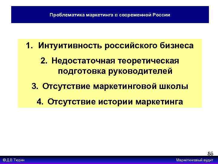 Проблематика маркетинга в современной России 1. Интуитивность российского бизнеса 2. Недостаточная теоретическая подготовка руководителей