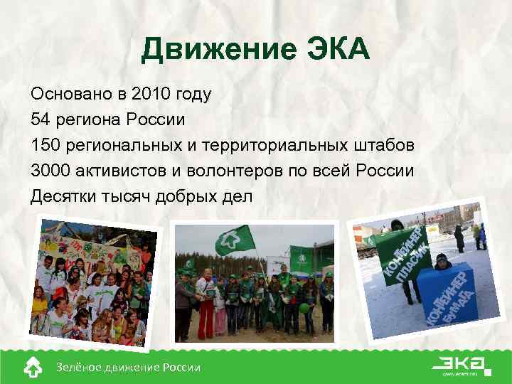 Движение ЭКА Основано в 2010 году 54 региона России 150 региональных и территориальных штабов