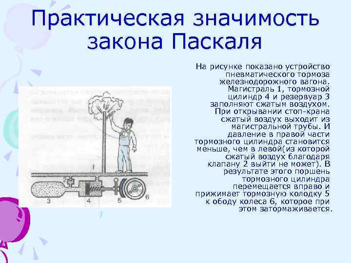 Практическая значимость закона Паскаля На рисунке показано устройство пневматического тормоза железнодорожного вагона. Магистраль 1,