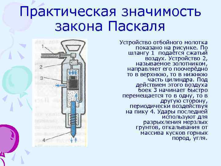 Практическая значимость закона Паскаля Устройство отбойного молотка показано на рисунке. По шлангу 1 подаётся