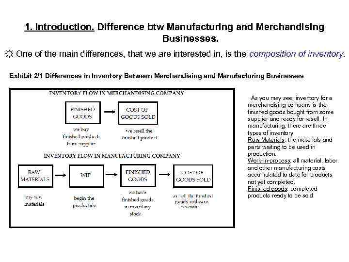 1. Introduction. Difference btw Manufacturing and Merchandising Businesses. ☼ One of the main differences,