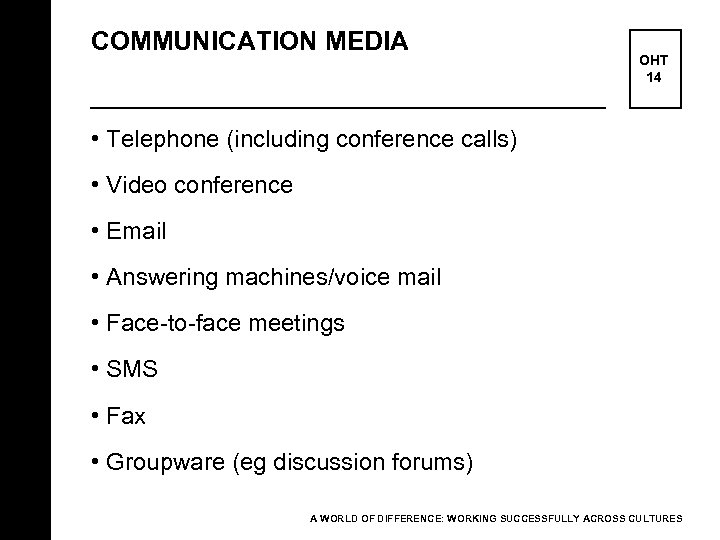 COMMUNICATION MEDIA OHT 14 • Telephone (including conference calls) • Video conference • Email