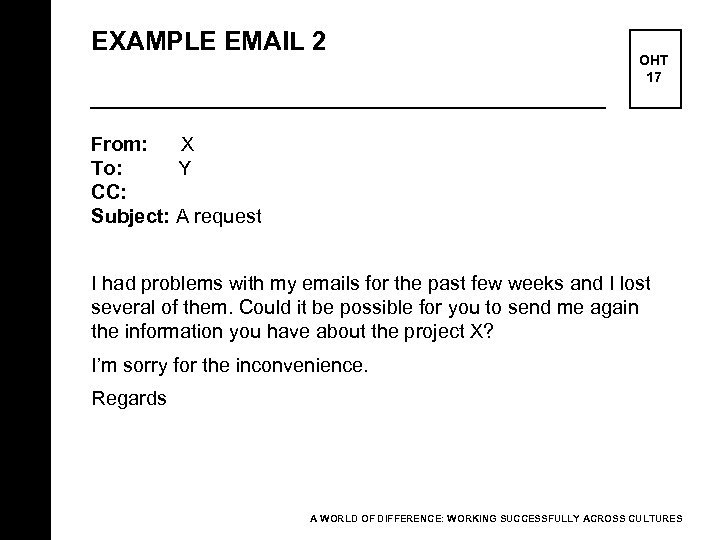 EXAMPLE EMAIL 2 OHT 17 From: X To: Y CC: Subject: A request I