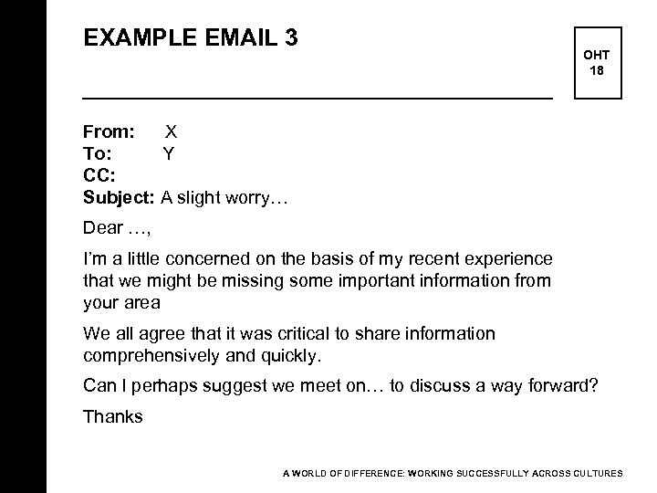 EXAMPLE EMAIL 3 OHT 18 From: X To: Y CC: Subject: A slight worry…