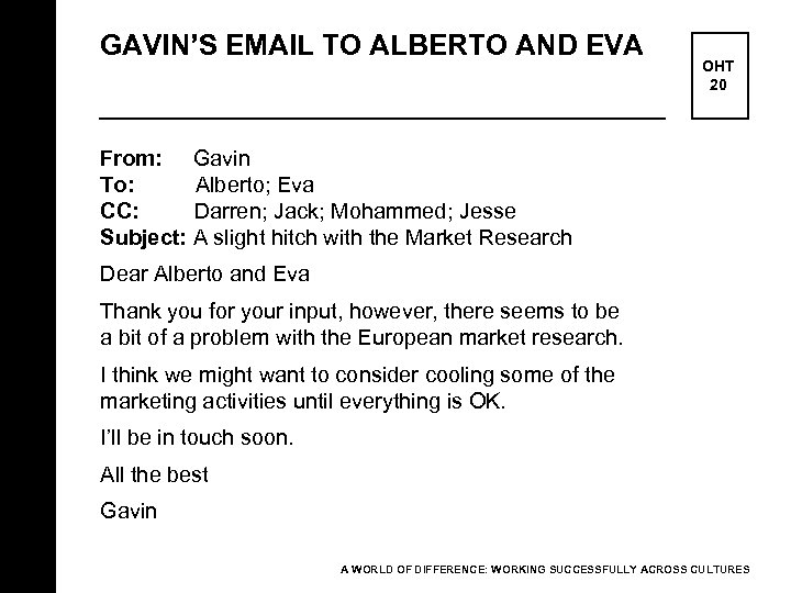 GAVIN’S EMAIL TO ALBERTO AND EVA OHT 20 From: Gavin To: Alberto; Eva CC: