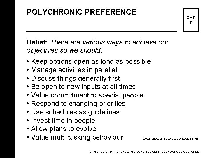 POLYCHRONIC PREFERENCE OHT 7 Belief: There are various ways to achieve our objectives so