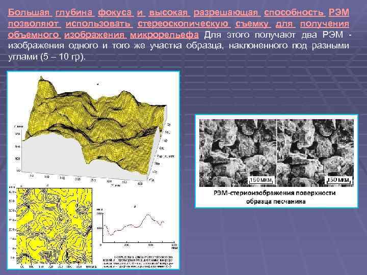 Большая глубина фокуса и высокая разрешающая способность РЭМ позволяют использовать стереоскопическую съемку для получения