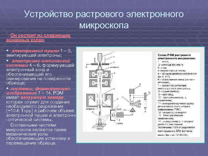 Устройство растрового электронного микроскопа Он состоит из следующих основных узлов: § электронной пушки 1