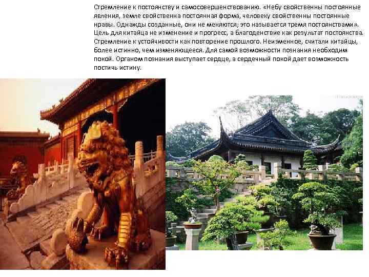 Стремление к постоянству и самосовершенствованию. «Небу свойственны постоянные явления, земле свойственна постоянная форма, человеку