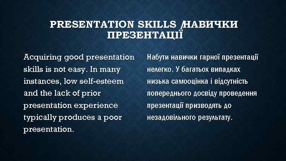 PRESENTATION SKILLS / НАВИЧКИ ПРЕЗЕНТАЦІЇ Acquiring good presentation skills is not easy. In many