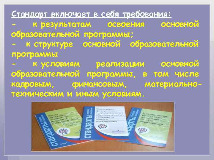 Стандарт включает в себя требования: к результатам освоения основной образовательной программы; - к структуре