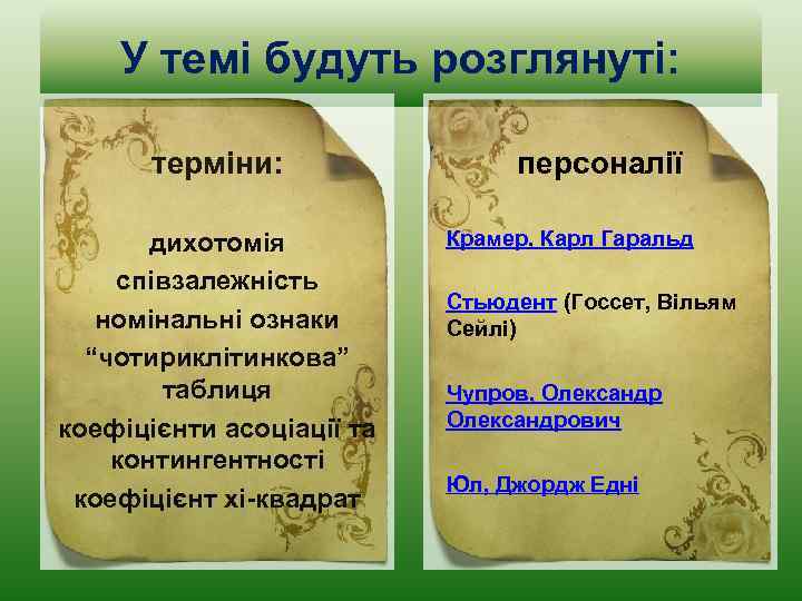 У темі будуть розглянуті: терміни: дихотомія співзалежність номінальні ознаки “чотириклітинкова” таблиця коефіцієнти асоціації та