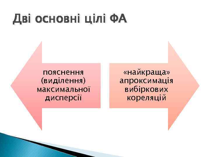 Дві основні цілі ФА пояснення (виділення) максимальної дисперсії «найкраща» апроксимація вибіркових кореляцій 