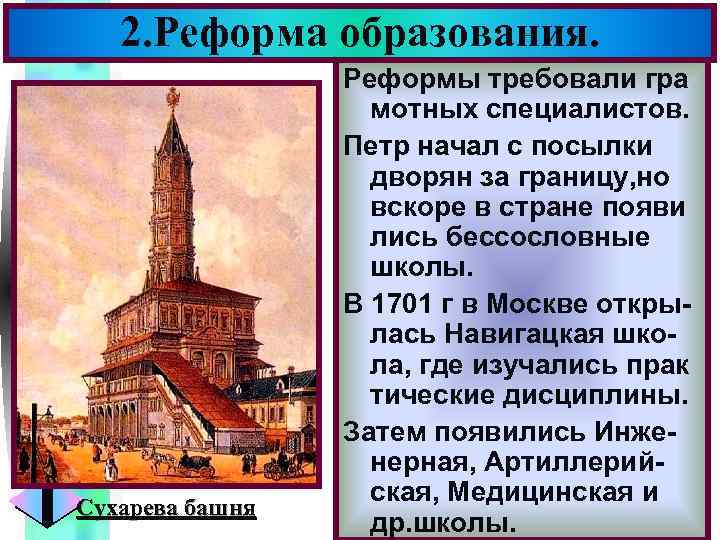2. Реформа образования. Меню Сухарева башня Реформы требовали гра мотных специалистов. Петр начал с