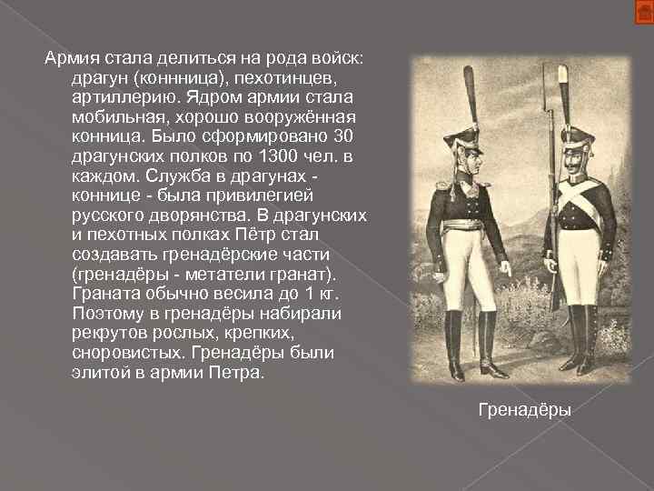 Армия стала делиться на рода войск: драгун (коннница), пехотинцев, артиллерию. Ядром армии стала мобильная,