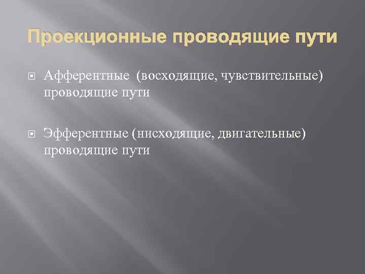 Проекционные проводящие пути Афферентные (восходящие, чувствительные) проводящие пути Эфферентные (нисходящие, двигательные) проводящие пути 