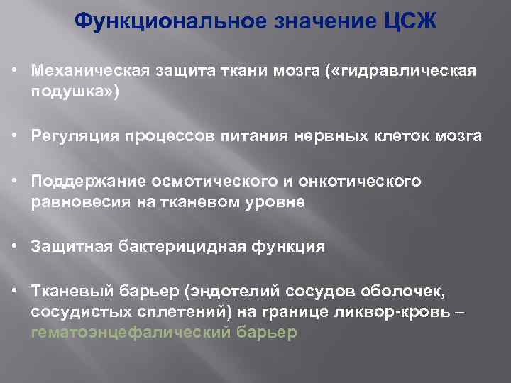 Функциональное значение ЦСЖ • Механическая защита ткани мозга ( «гидравлическая подушка» ) • Регуляция