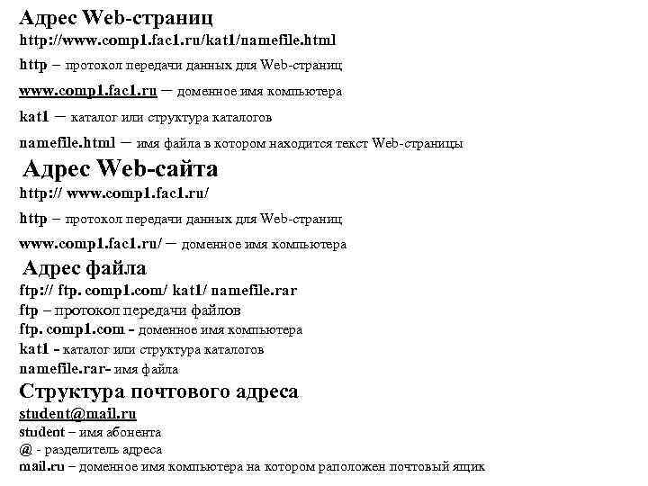 Адрес Web-страниц http: //www. comp 1. fac 1. ru/kat 1/namefile. html http – протокол