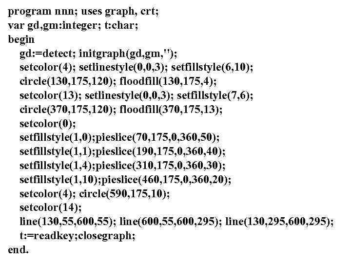 program nnn; uses graph, crt; var gd, gm: integer; t: char; begin gd: =detect;