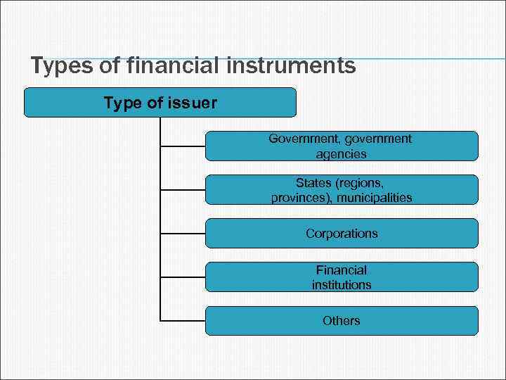 Types of financial instruments Type of issuer Government, government agencies States (regions, provinces), municipalities