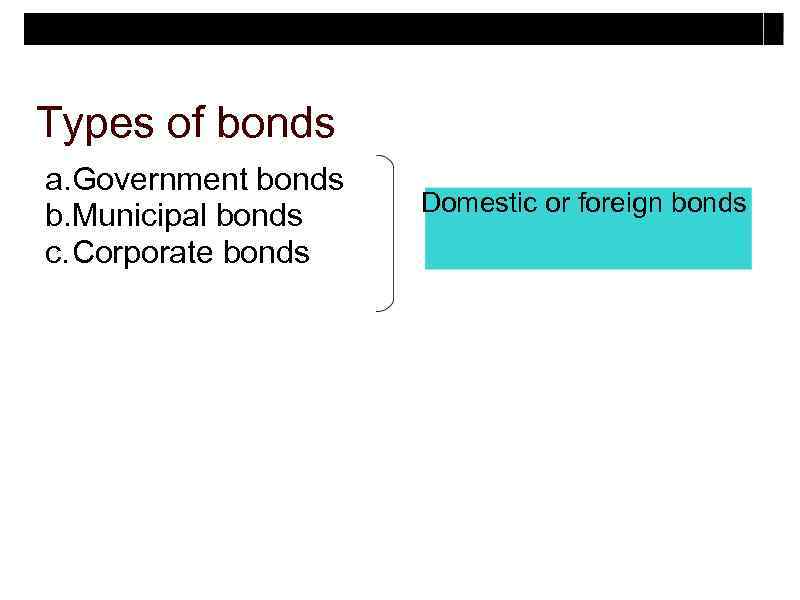 Types of bonds a. Government bonds b. Municipal bonds c. Corporate bonds Domestic or