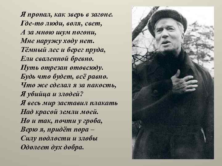 Я пропал, как зверь в загоне. Где-то люди, воля, свет, А за мною шум