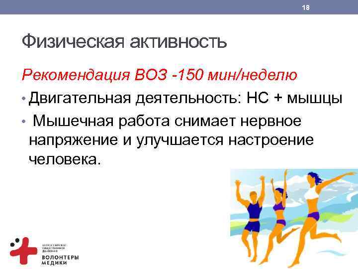 18 Физическая активность Рекомендация ВОЗ -150 мин/неделю • Двигательная деятельность: НС + мышцы •