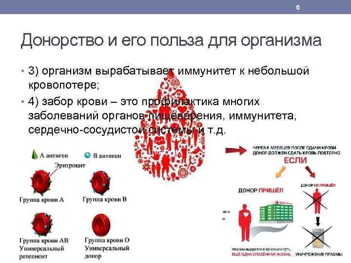 6 Донорство и его польза для организма • 3) организм вырабатывает иммунитет к небольшой