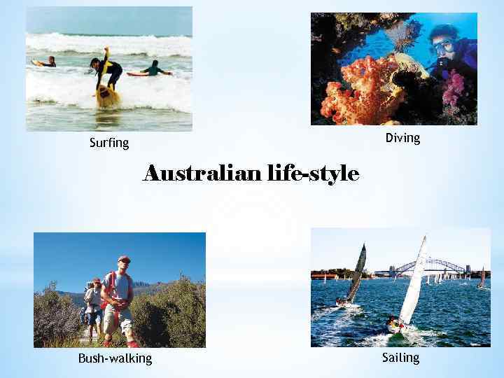 Diving Surfing Australian life-style Bush-walking Sailing 