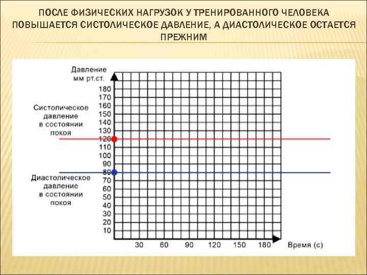 ПОСЛЕ ФИЗИЧЕСКИХ НАГРУЗОК У ТРЕНИРОВАННОГО ЧЕЛОВЕКА ПОВЫШАЕТСЯ СИСТОЛИЧЕСКОЕ ДАВЛЕНИЕ, А ДИАСТОЛИЧЕСКОЕ ОСТАЕТСЯ ПРЕЖНИМ 