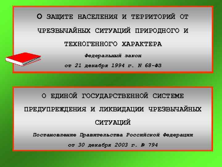 О ЗАЩИТЕ НАСЕЛЕНИЯ И ТЕРРИТОРИЙ ОТ ЧРЕЗВЫЧАЙНЫХ СИТУАЦИЙ ПРИРОДНОГО И ТЕХНОГЕННОГО ХАРАКТЕРА Федеральный закон