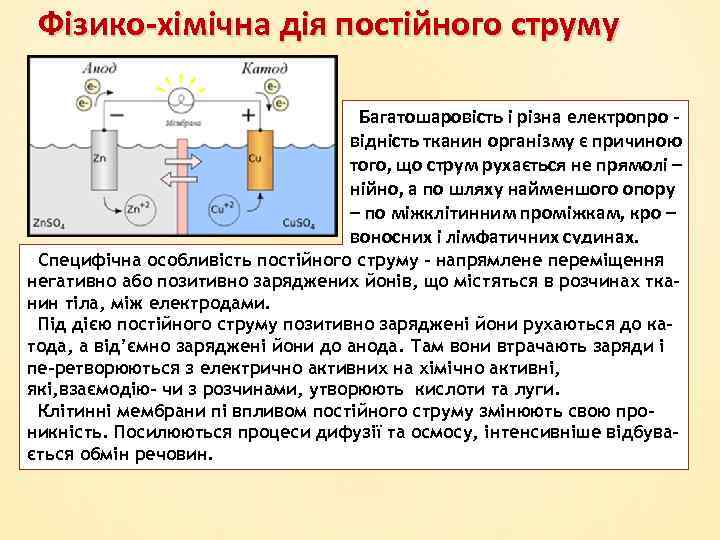 Фізико-хімічна дія постійного струму Багатошаровість і різна електропро відність тканин організму є причиною того,
