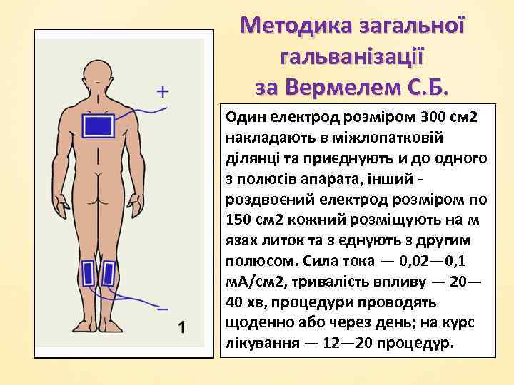 Методика загальної гальванізації за Вермелем С. Б. Один електрод розміром 300 см 2 накладають