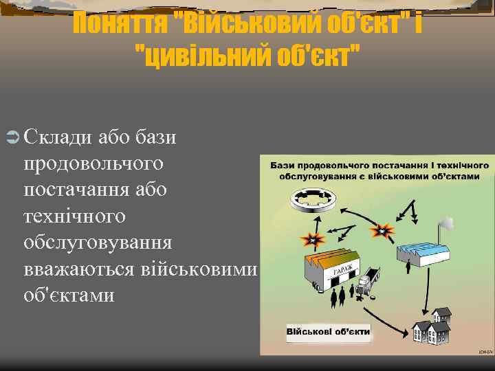 Поняття "Військовий об'єкт" і "цивільний об'єкт" Ü Склади або бази продовольчого постачання або технічного